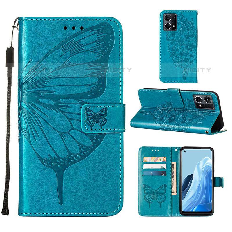 Handytasche Stand Schutzhülle Flip Leder Hülle Schmetterling Y01B für Oppo Reno7 4G Blau Plus