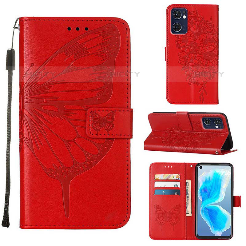 Handytasche Stand Schutzhülle Flip Leder Hülle Schmetterling Y01B für Oppo Reno7 5G Rot Plus