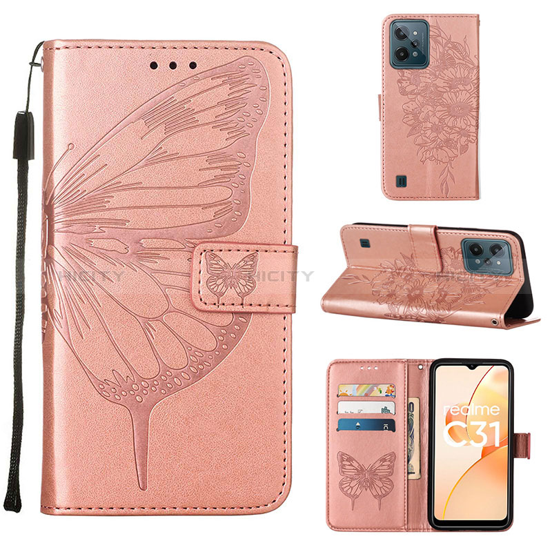 Handytasche Stand Schutzhülle Flip Leder Hülle Schmetterling Y01B für Realme C31 Rosegold