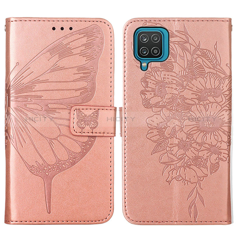 Handytasche Stand Schutzhülle Flip Leder Hülle Schmetterling Y01B für Samsung Galaxy A12 5G Rosegold Plus