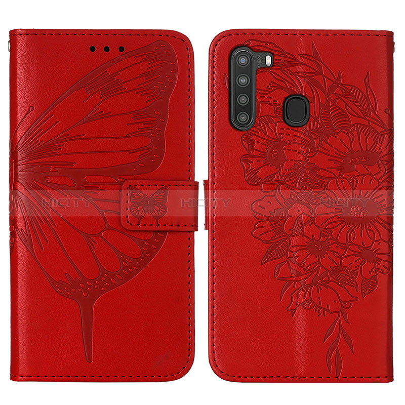 Handytasche Stand Schutzhülle Flip Leder Hülle Schmetterling Y01B für Samsung Galaxy A21 Rot Plus