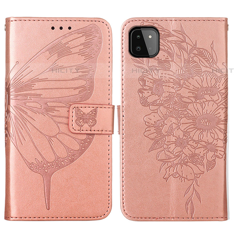 Handytasche Stand Schutzhülle Flip Leder Hülle Schmetterling Y01B für Samsung Galaxy F42 5G Rosegold Plus