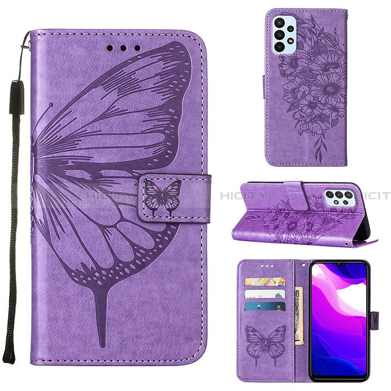 Handytasche Stand Schutzhülle Flip Leder Hülle Schmetterling Y02B für Samsung Galaxy A23 4G Helles Lila