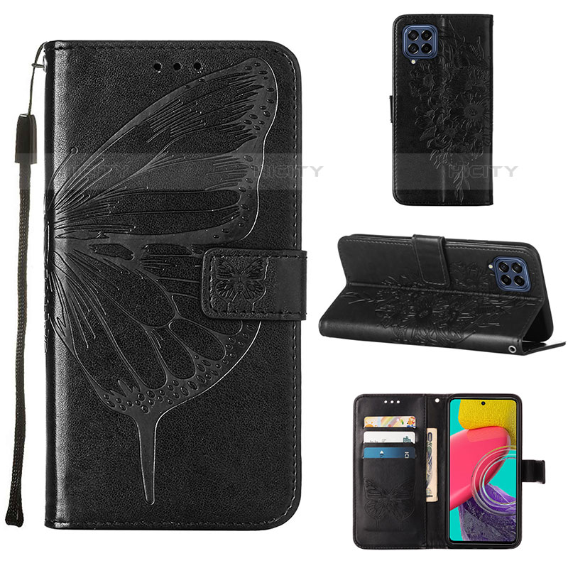 Handytasche Stand Schutzhülle Flip Leder Hülle Schmetterling Y02B für Samsung Galaxy M53 5G Schwarz