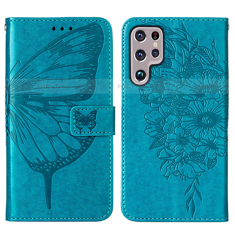 Handytasche Stand Schutzhülle Flip Leder Hülle Schmetterling Y06B für Samsung Galaxy S21 Ultra 5G Blau