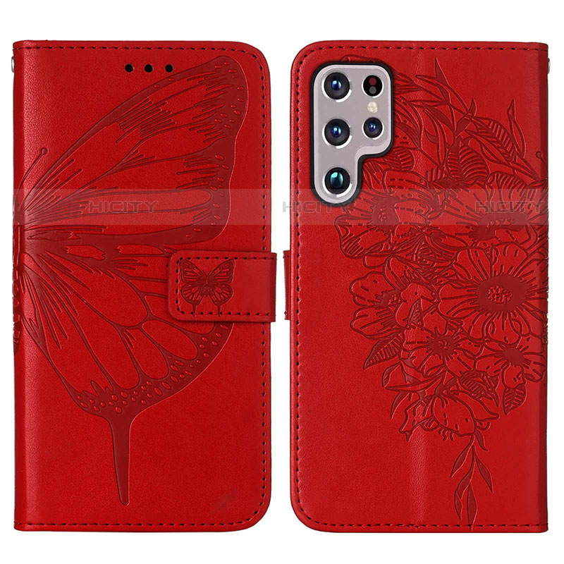 Handytasche Stand Schutzhülle Flip Leder Hülle Schmetterling Y06B für Samsung Galaxy S21 Ultra 5G Rot