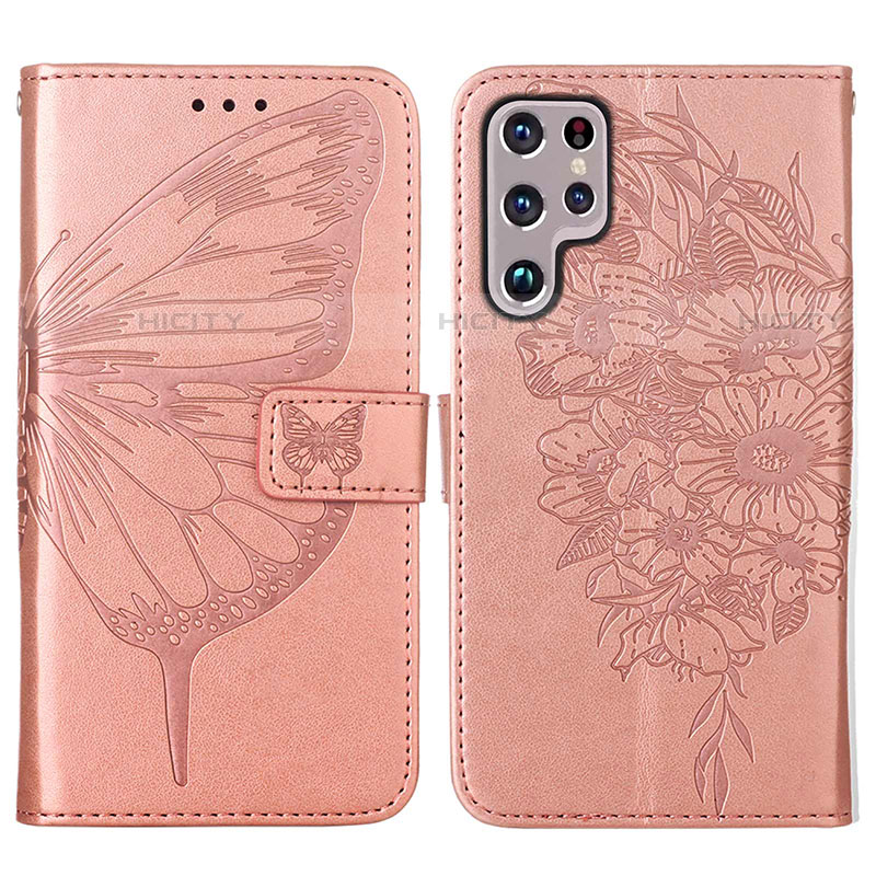 Handytasche Stand Schutzhülle Flip Leder Hülle Schmetterling Y06B für Samsung Galaxy S23 Ultra 5G Rosegold Plus