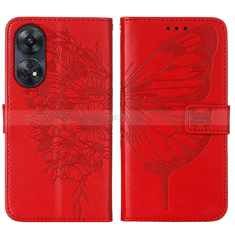 Handytasche Stand Schutzhülle Flip Leder Hülle Schmetterling YB1 für Oppo Reno8 T 4G Rot