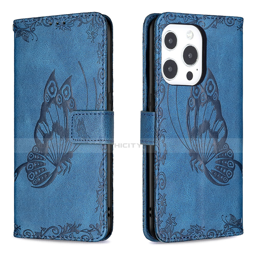 Handytasche Stand Schutzhülle Flip Leder Hülle Schmetterling Z01 für Apple iPhone 14 Pro Blau Plus