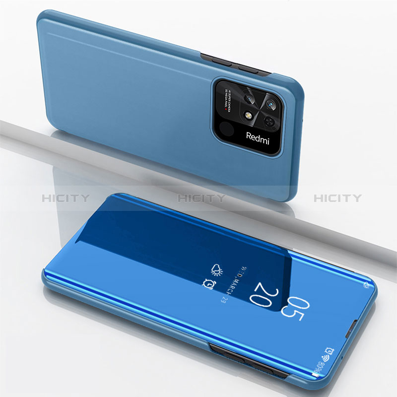 Handytasche Stand Schutzhülle Flip Leder Rahmen Spiegel Tasche für Xiaomi Redmi 10 India Blau