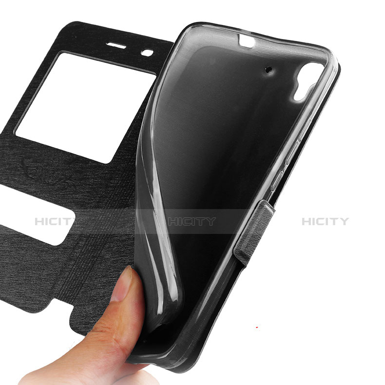 Handytasche Stand Schutzhülle Leder für Huawei Y6 Schwarz