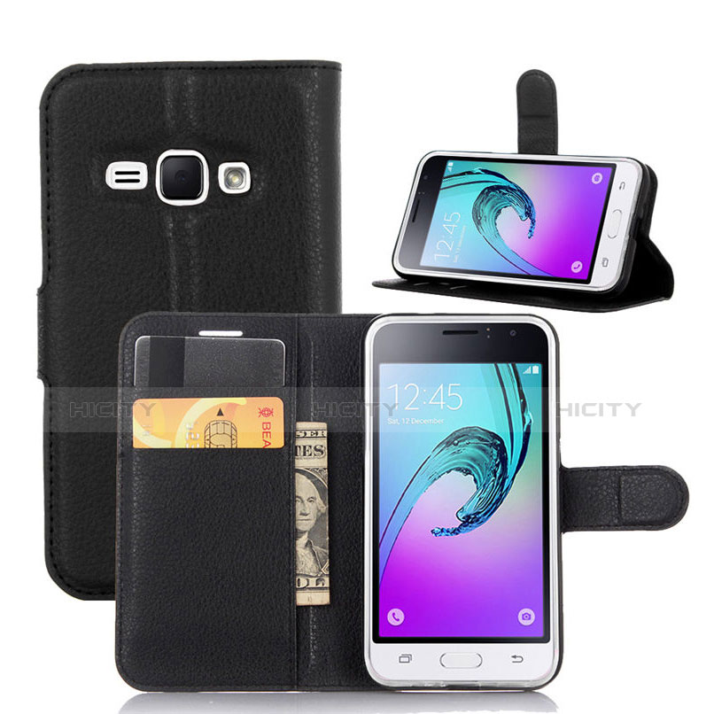 Handytasche Stand Schutzhülle Leder für Samsung Galaxy J1 (2016) J120F Schwarz Plus