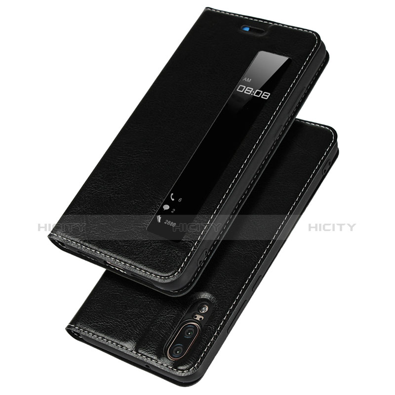 Handytasche Stand Schutzhülle Leder L02 für Huawei P20 Schwarz groß