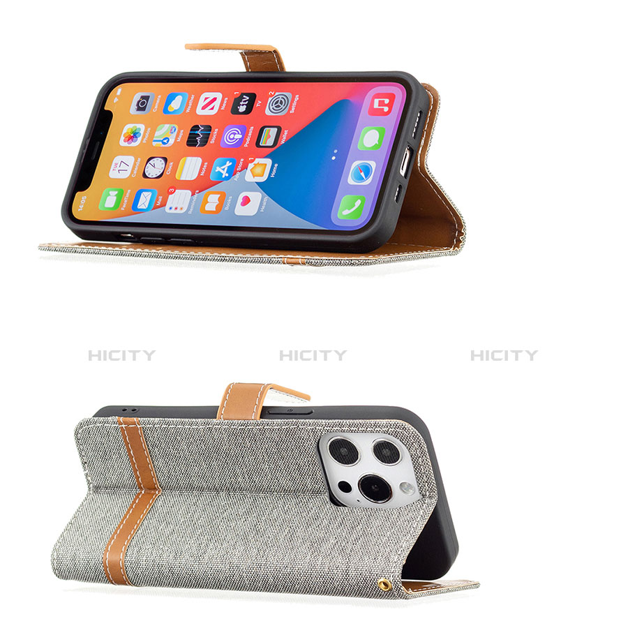 Handytasche Stand Schutzhülle Stoff für Apple iPhone 13 Pro Grau