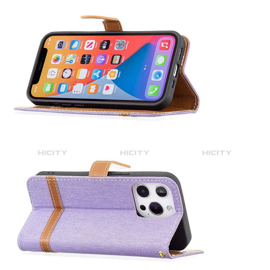 Handytasche Stand Schutzhülle Stoff für Apple iPhone 13 Pro Violett groß