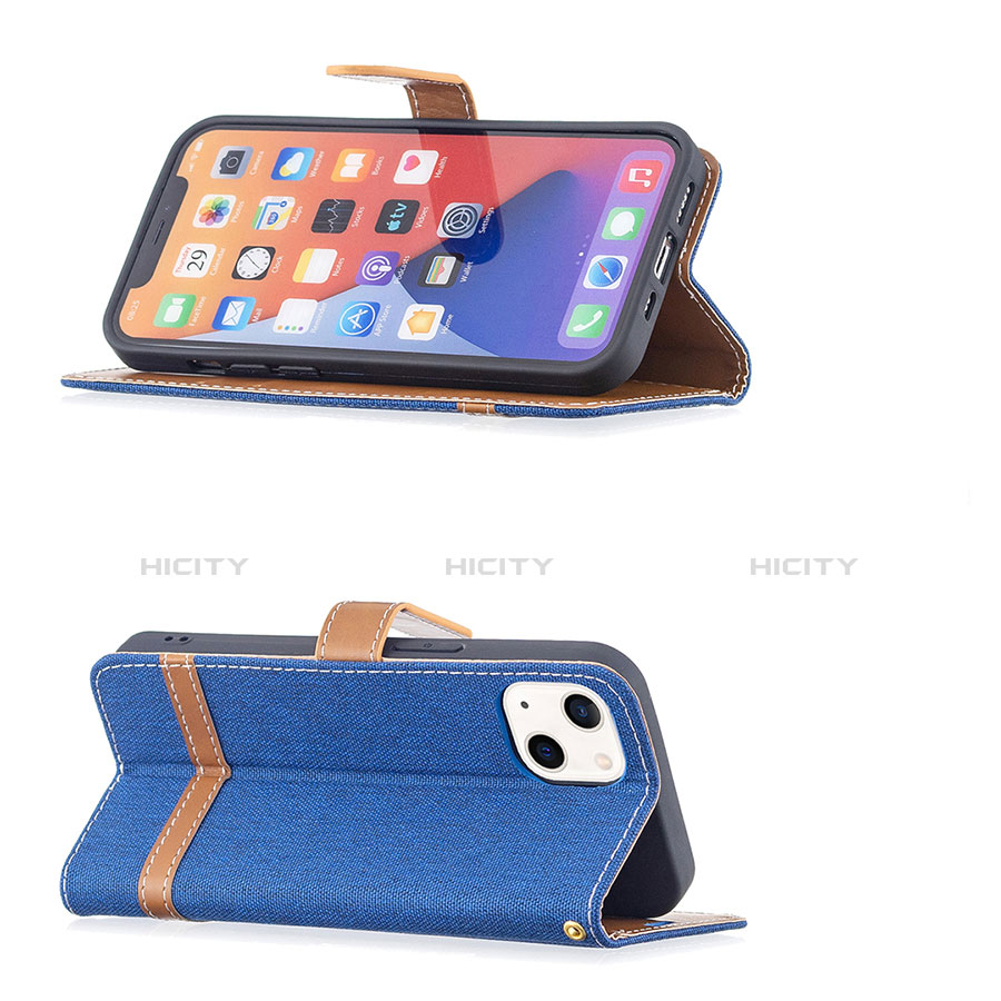 Handytasche Stand Schutzhülle Stoff für Apple iPhone 14 Blau