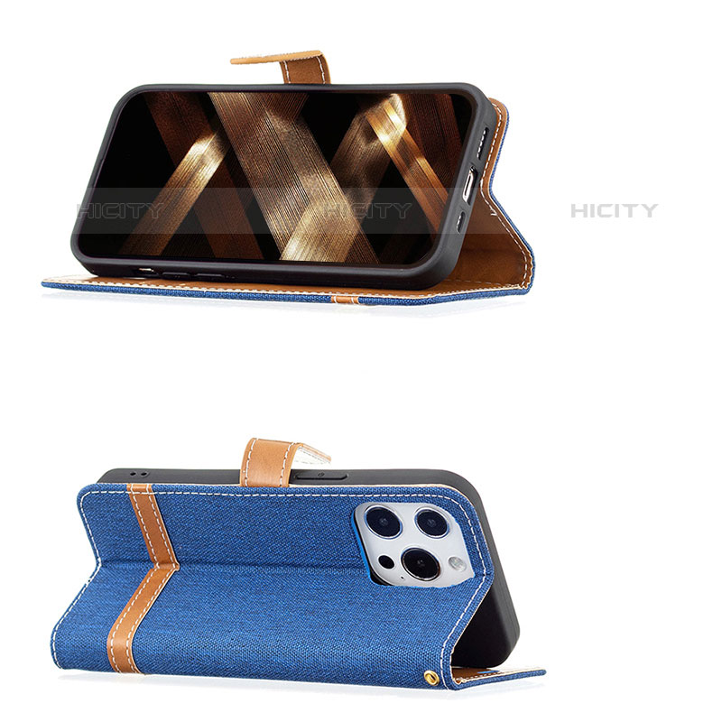 Handytasche Stand Schutzhülle Stoff für Apple iPhone 15 Pro Blau