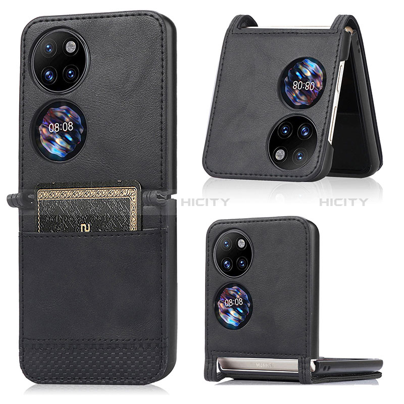 Luxus Leder Hülle Handyhülle und Kunststoff Schutzhülle Hartschalen Tasche BY3 für Huawei P50 Pocket Schwarz