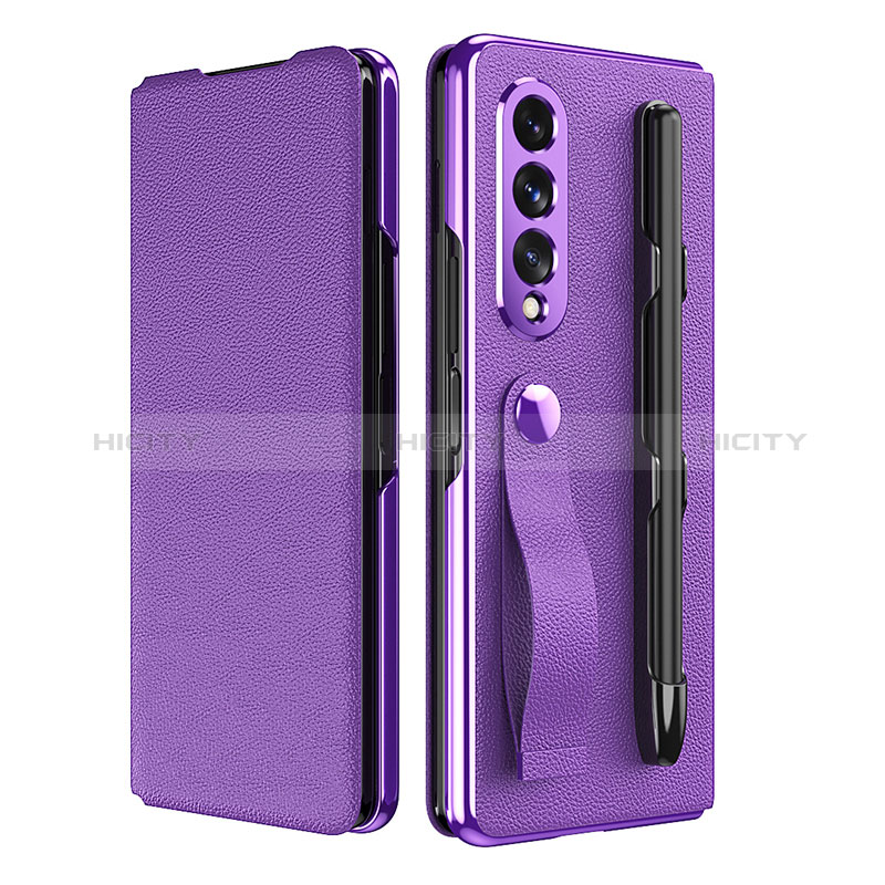 Luxus Leder Hülle Handyhülle und Kunststoff Schutzhülle Hartschalen Tasche C06 für Samsung Galaxy Z Fold3 5G Violett