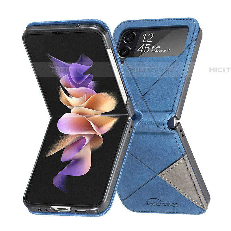 Luxus Leder Hülle Handyhülle und Kunststoff Schutzhülle Hartschalen Tasche für Samsung Galaxy Z Flip4 5G Blau