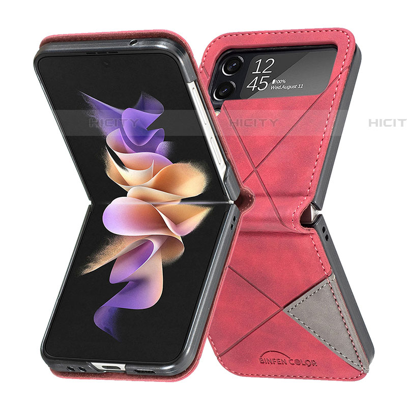 Luxus Leder Hülle Handyhülle und Kunststoff Schutzhülle Hartschalen Tasche für Samsung Galaxy Z Flip4 5G Rot