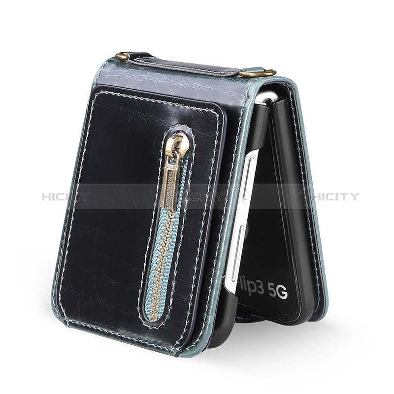 Luxus Leder Hülle Handyhülle und Kunststoff Schutzhülle Hartschalen Tasche JD3 für Samsung Galaxy Z Flip3 5G Blau