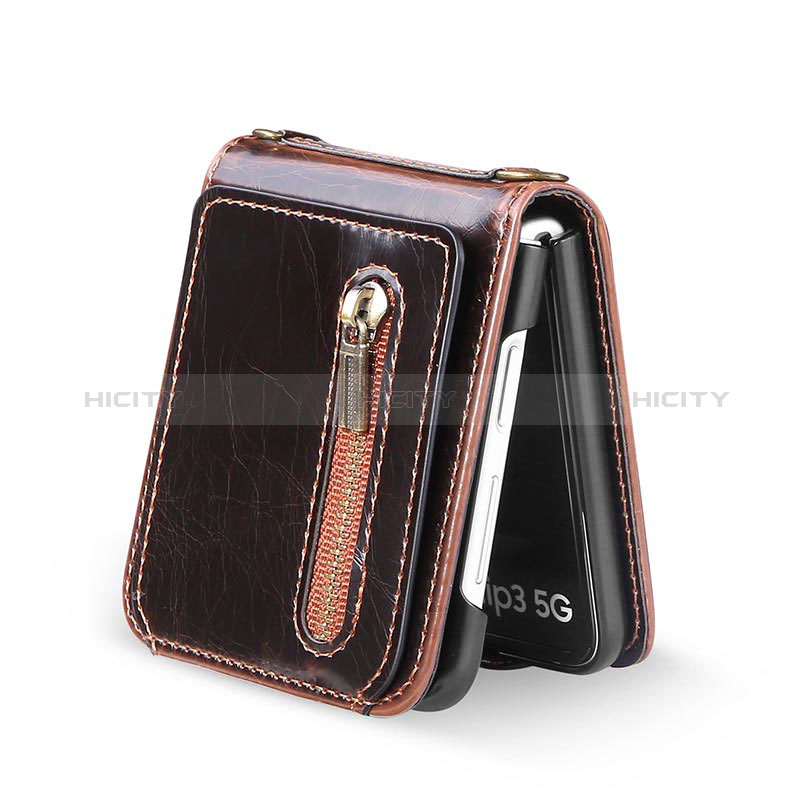 Luxus Leder Hülle Handyhülle und Kunststoff Schutzhülle Hartschalen Tasche JD3 für Samsung Galaxy Z Flip3 5G Braun