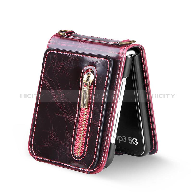 Luxus Leder Hülle Handyhülle und Kunststoff Schutzhülle Hartschalen Tasche JD3 für Samsung Galaxy Z Flip3 5G Rot