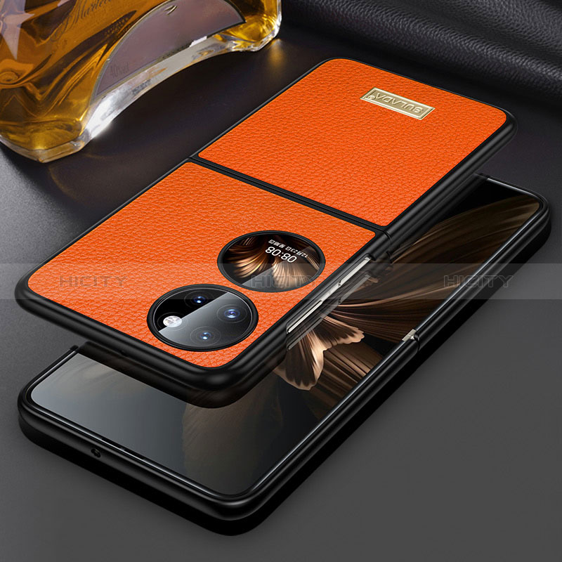 Luxus Leder Hülle Handyhülle und Kunststoff Schutzhülle Hartschalen Tasche LD1 für Huawei Pocket S Orange