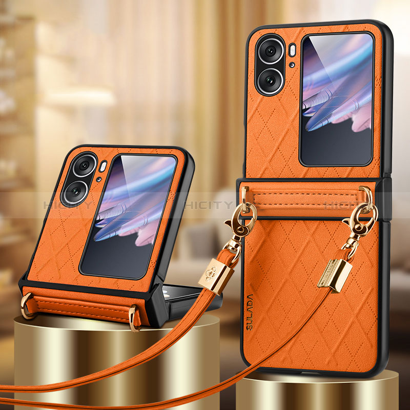 Luxus Leder Hülle Handyhülle und Kunststoff Schutzhülle Hartschalen Tasche LD3 für Oppo Find N2 Flip 5G Orange