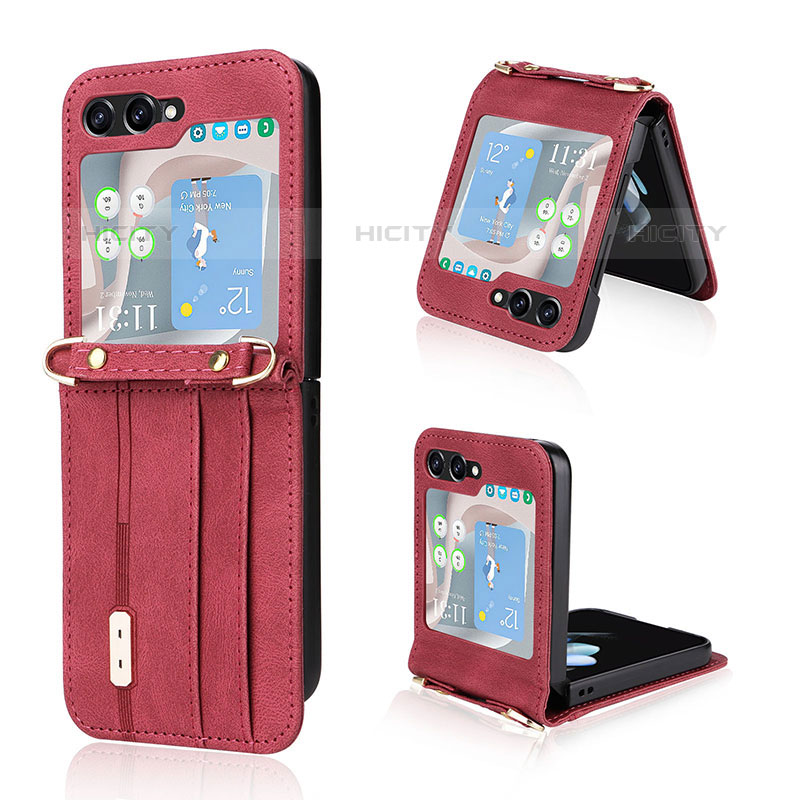 Luxus Leder Hülle Handyhülle und Kunststoff Schutzhülle Hartschalen Tasche LZ2 für Samsung Galaxy Z Flip5 5G Rot Plus