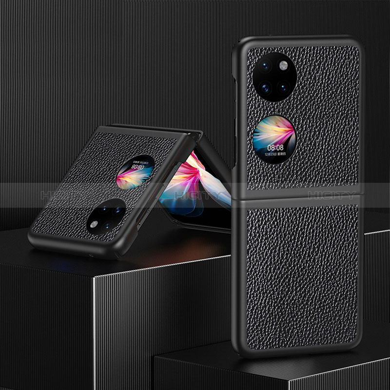 Luxus Leder Hülle Handyhülle und Kunststoff Schutzhülle Hartschalen Tasche QH3 für Huawei Pocket S Schwarz