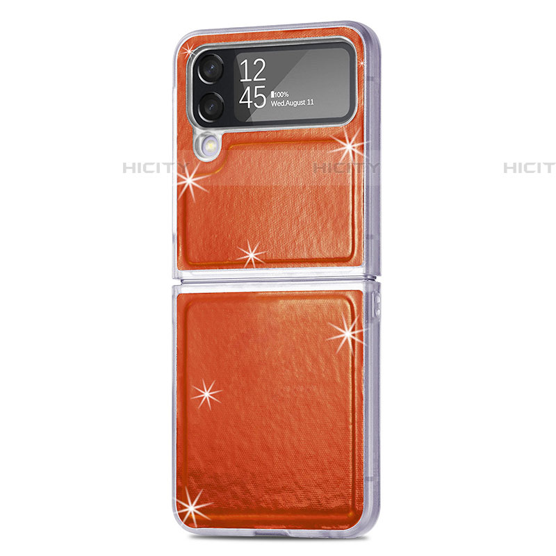 Luxus Leder Hülle Handyhülle und Kunststoff Schutzhülle Hartschalen Tasche R08 für Samsung Galaxy Z Flip4 5G Orange