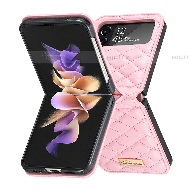 Luxus Leder Hülle Handyhülle und Kunststoff Schutzhülle Hartschalen Tasche S02 für Samsung Galaxy Z Flip4 5G Rosegold