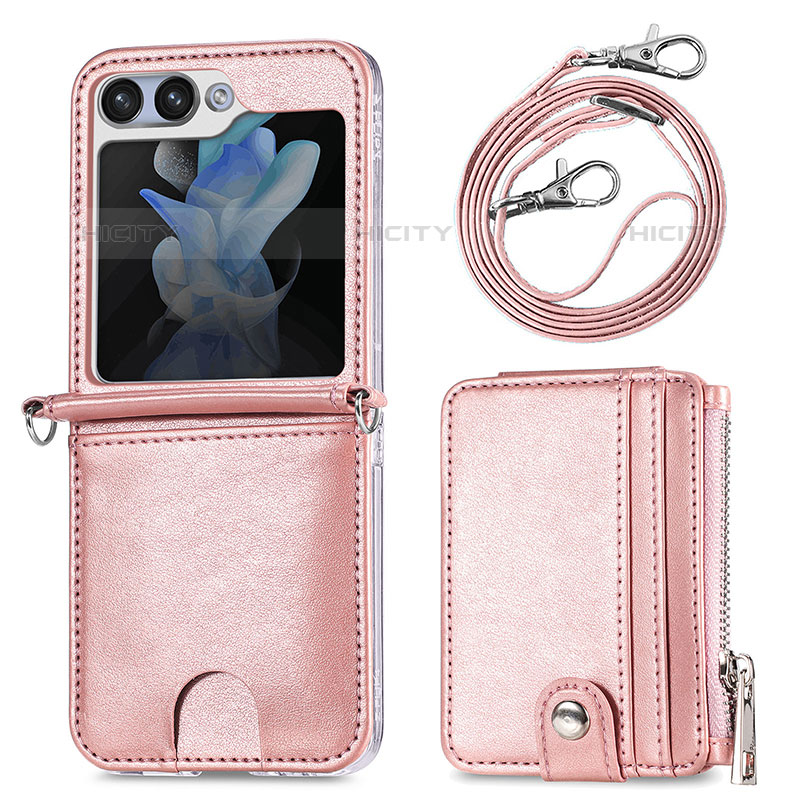 Luxus Leder Hülle Handyhülle und Kunststoff Schutzhülle Hartschalen Tasche S07D für Samsung Galaxy Z Flip5 5G Rosegold