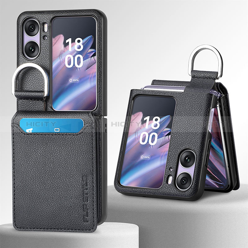 Luxus Leder Hülle Handyhülle und Kunststoff Schutzhülle Hartschalen Tasche SD12 für Oppo Find N2 Flip 5G Schwarz Plus