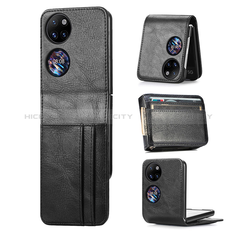 Luxus Leder Hülle Handyhülle und Kunststoff Schutzhülle Hartschalen Tasche SD4 für Huawei P50 Pocket Schwarz