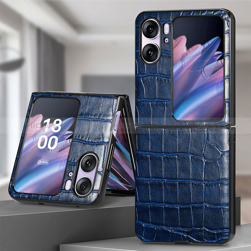 Luxus Leder Hülle Handyhülle und Kunststoff Schutzhülle Hartschalen Tasche SD5 für Oppo Find N2 Flip 5G Blau Plus