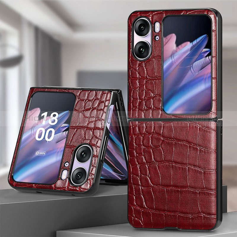 Luxus Leder Hülle Handyhülle und Kunststoff Schutzhülle Hartschalen Tasche SD5 für Oppo Find N2 Flip 5G Rot