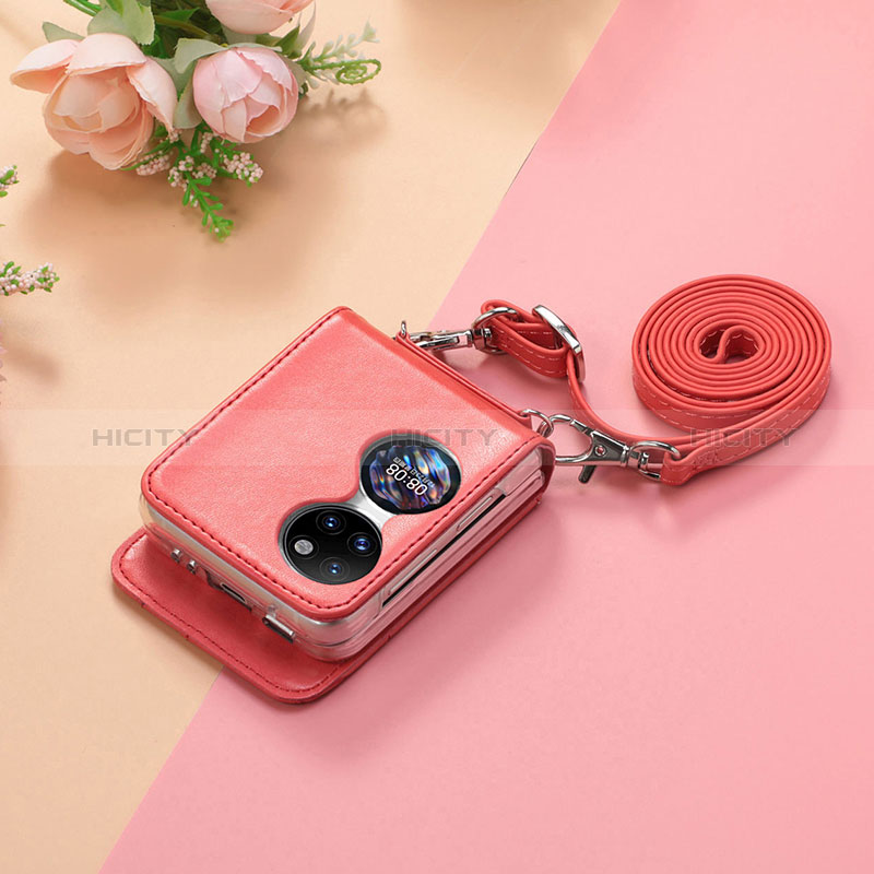 Luxus Leder Hülle Handyhülle und Kunststoff Schutzhülle Hartschalen Tasche SD7 für Huawei P50 Pocket Rot