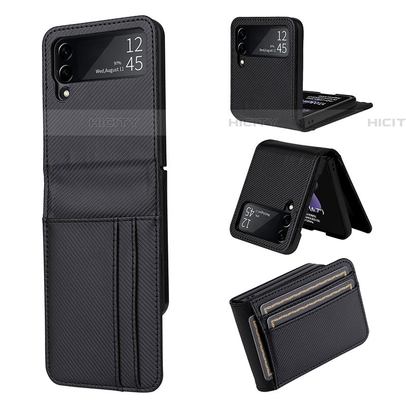 Luxus Leder Hülle Handyhülle und Kunststoff Schutzhülle Hartschalen Tasche T01 für Samsung Galaxy Z Flip4 5G Schwarz