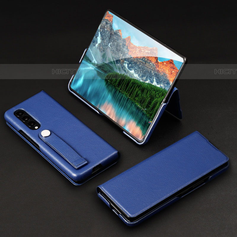 Luxus Leder Hülle Handyhülle und Kunststoff Schutzhülle Hartschalen Tasche T02 für Samsung Galaxy Z Fold4 5G Blau