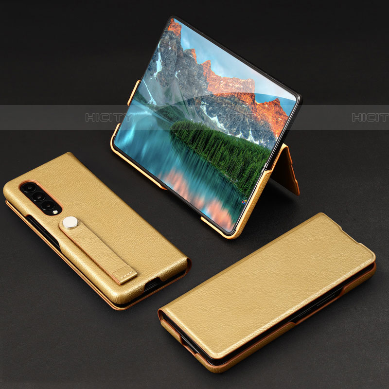 Luxus Leder Hülle Handyhülle und Kunststoff Schutzhülle Hartschalen Tasche T02 für Samsung Galaxy Z Fold4 5G Gold