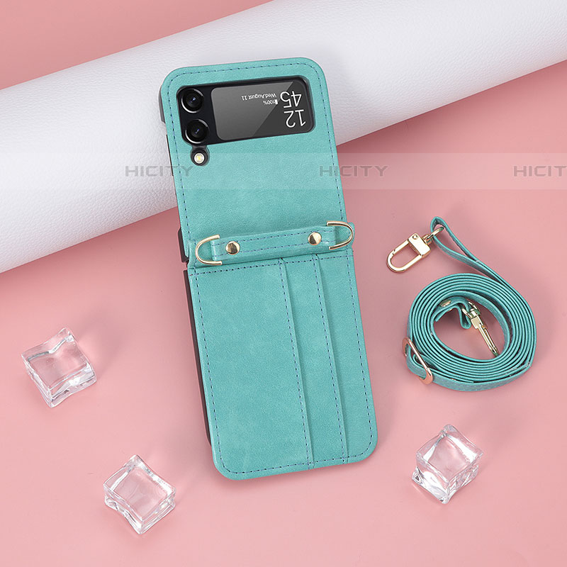 Luxus Leder Hülle Handyhülle und Kunststoff Schutzhülle Hartschalen Tasche T08 für Samsung Galaxy Z Flip4 5G Cyan