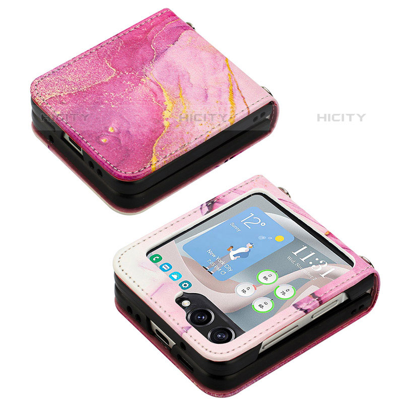 Luxus Leder Hülle Handyhülle und Kunststoff Schutzhülle Hartschalen Tasche YB2 für Samsung Galaxy Z Flip5 5G Pink