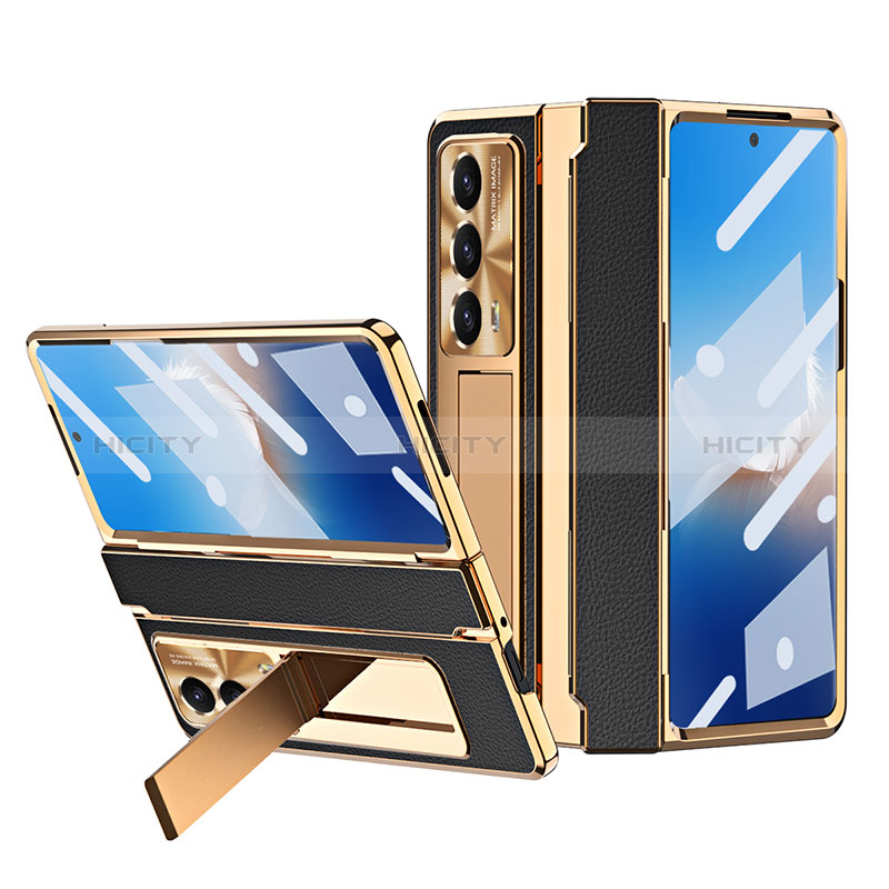 Luxus Leder Hülle Handyhülle und Kunststoff Schutzhülle Hartschalen Tasche ZL4 für Huawei Honor Magic Vs2 5G Gold und Schwarz