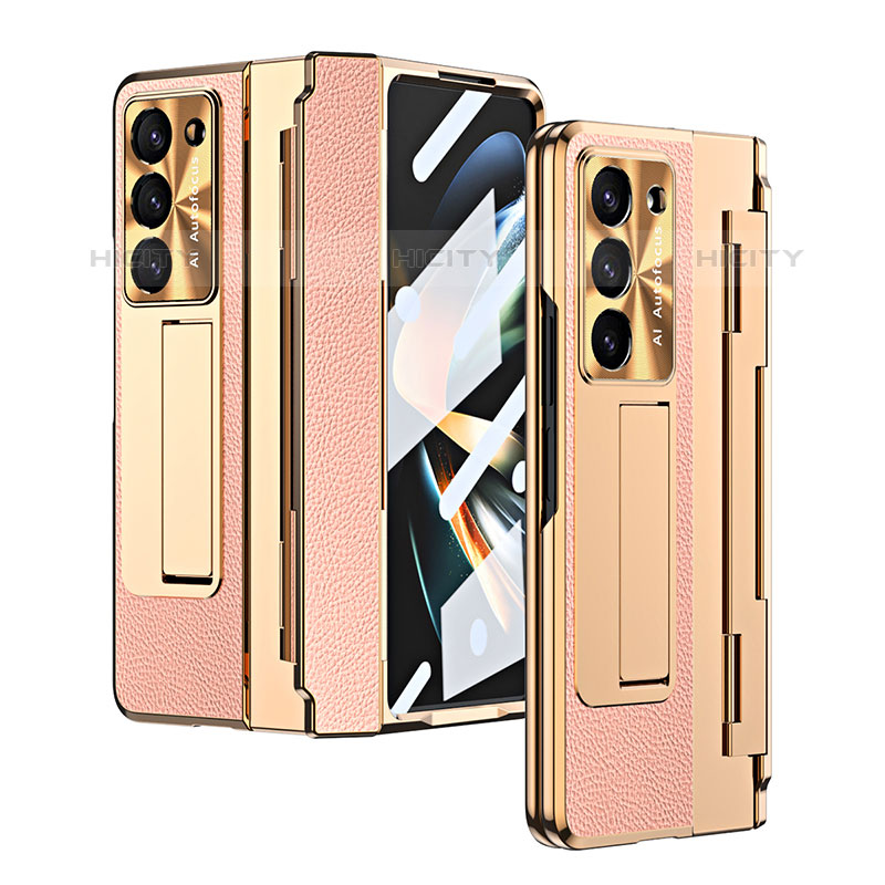 Luxus Leder Hülle Handyhülle und Kunststoff Schutzhülle Hartschalen Tasche ZL5 für Samsung Galaxy Z Fold5 5G Rosegold