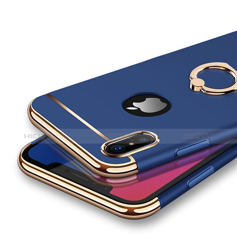 Schutzhülle Luxus Metall Rahmen und Kunststoff mit Fingerring Ständer F02 für Apple iPhone X Blau