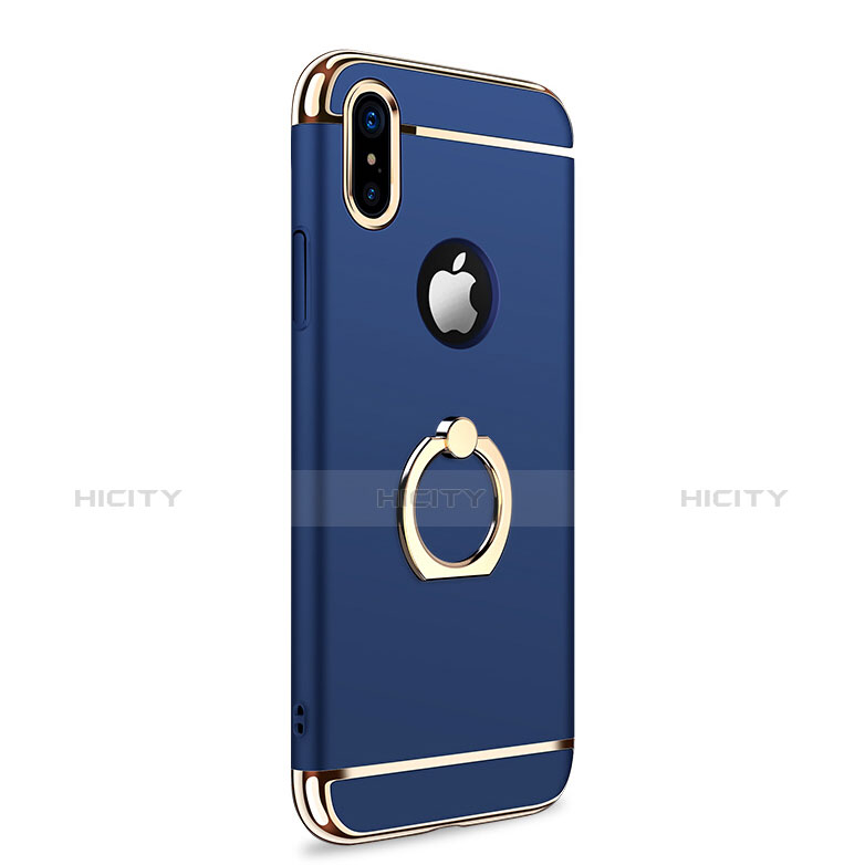 Schutzhülle Luxus Metall Rahmen und Kunststoff mit Fingerring Ständer F02 für Apple iPhone Xs Max Blau