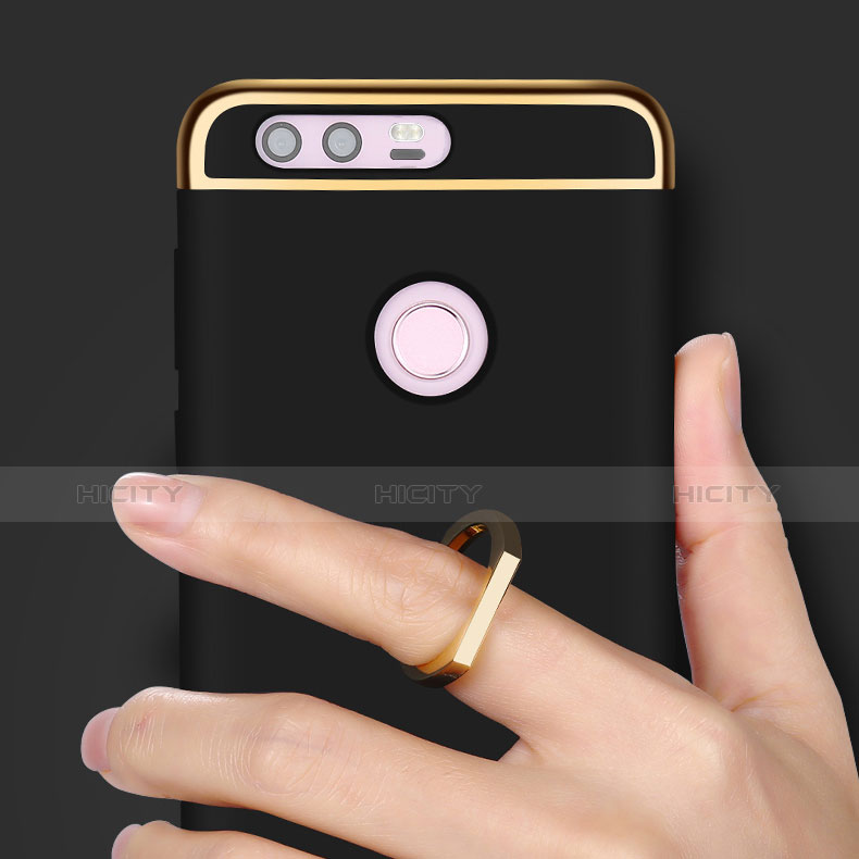 Schutzhülle Luxus Metall Rahmen und Kunststoff mit Fingerring Ständer für Huawei Honor V8 Schwarz